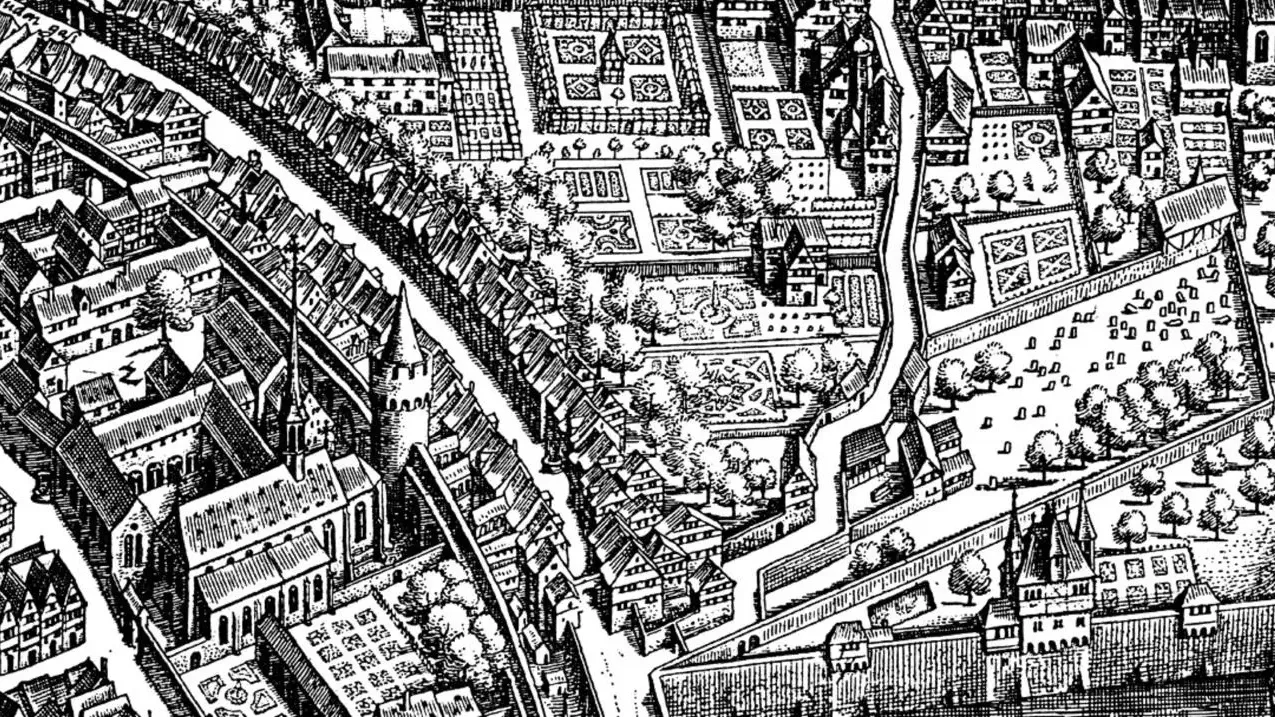 Ausschnitt aus einem alten Vogelschauplan der Stadt Frankfurt mit der Judengasse.