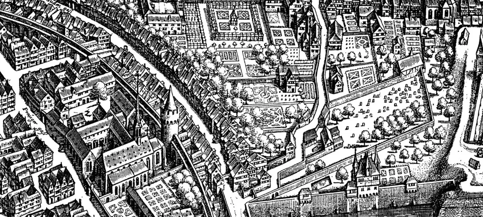 Ausschnitt aus einem alten Vogelschauplan der Stadt Frankfurt mit der Judengasse.